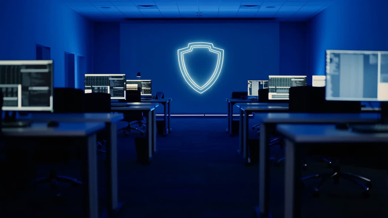 Cybersecurity Operations Center with Glowing Shield Icon
