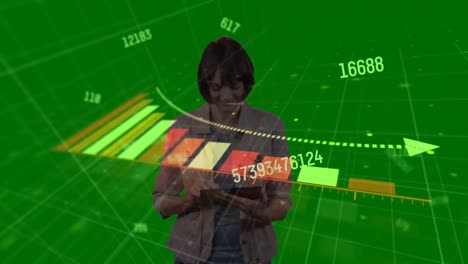 Animation-of-data-processing-and-graph-interface,-over-smiling-woman-using-tablet,-on-green-screen