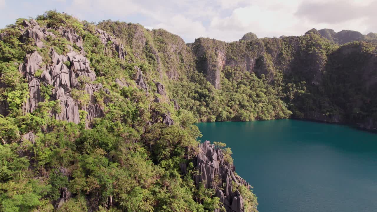 Aerial View of Picturesque Coast of Coron Island, Palawan, Philippines, Limestone Cliffs Above Lagoon