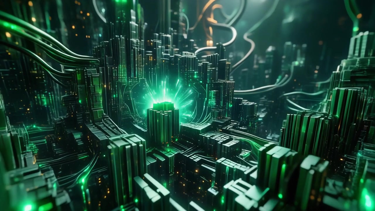 Abstract Digital Cityscape with Glowing Green Energy Core