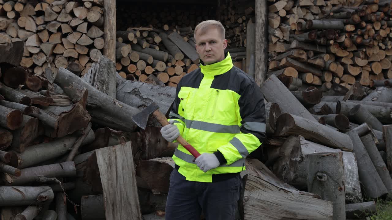 leñador con chaqueta reflectante. hombre leñador sostiene un pequeño hacha, muestra el pulgar hacia arriba. troncos cortados, leña