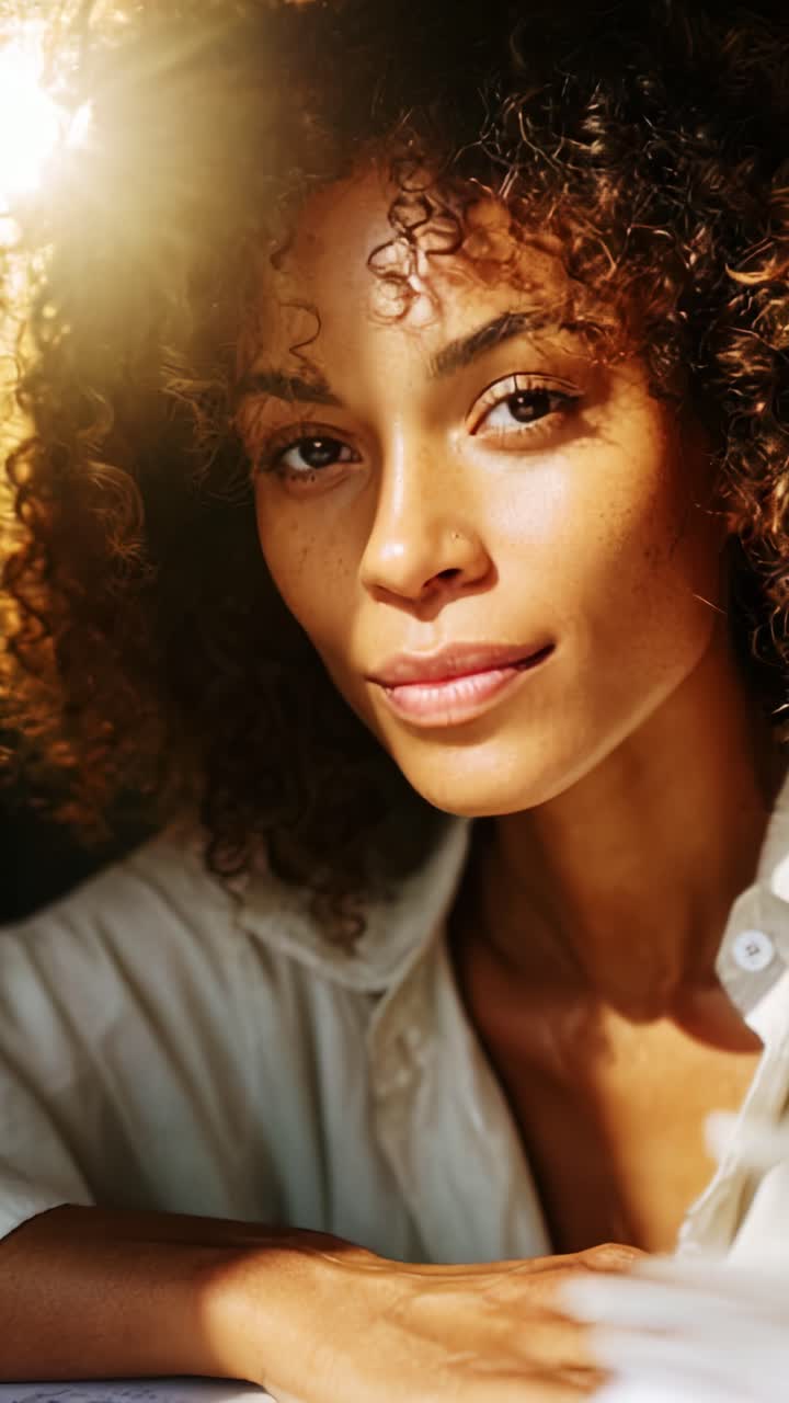 Catturare l'essenza della bellezza naturale: una donna con capelli ricci e pelle luminosa che mostra tranquillità in una luce soffusa