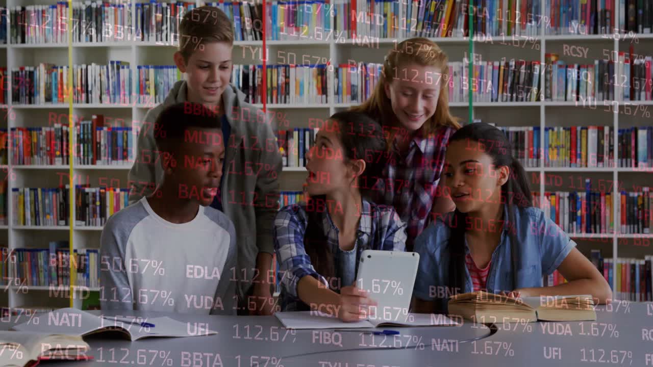 Girl swiping tablet in library for education while friends leaning in and expressing curiosity