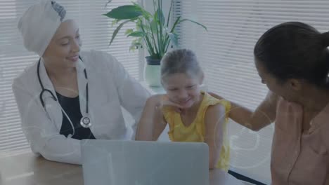 animation of data processing over caucasian mother and daughter with asian female doctor