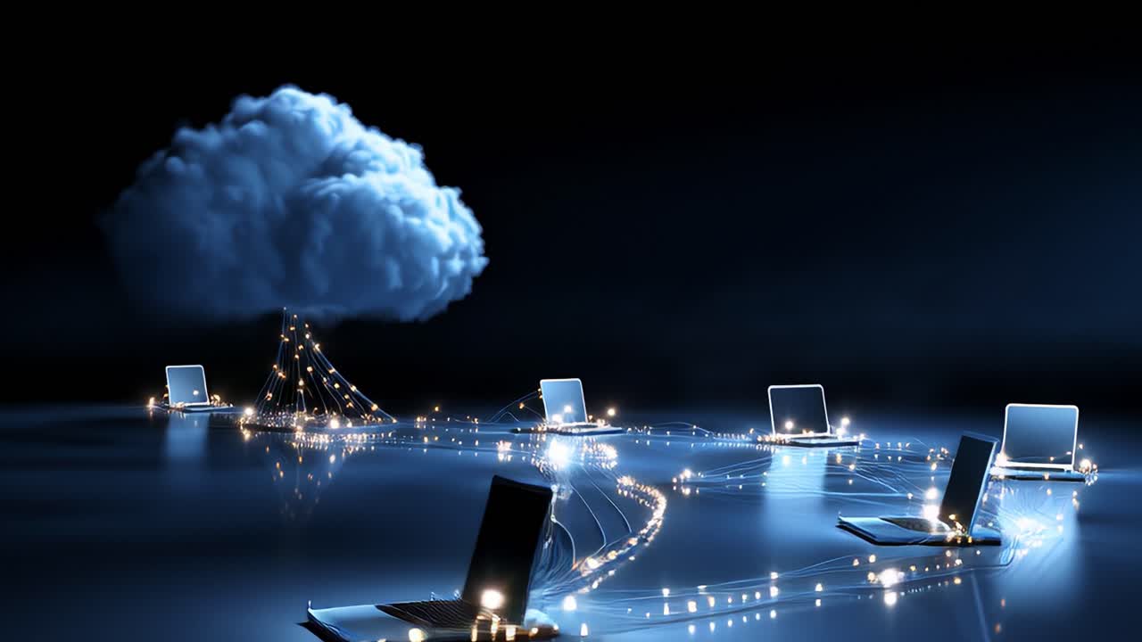 Visual Representation of Cloud Computing: Laptops Connected Through Network Strings Illustrate Data Flow and Digital Connectivity in a Surreal Atmosphere of Technology and Innovation
