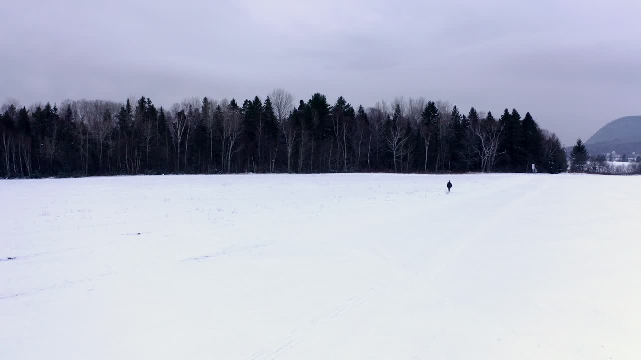 hombre solitario caminando en la nieve cerca de un bosque en quebec, canadá