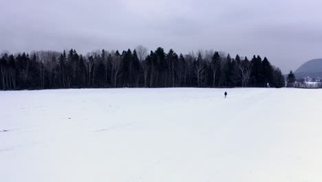 Hombre-Solitario-Caminando-En-La-Nieve-Cerca-De-Un-Bosque-En-Quebec,-Canadá