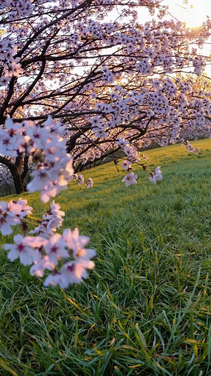 Low-angle video shot of blooming cherry blossoms against a sunset sky, capturing the serene beauty
