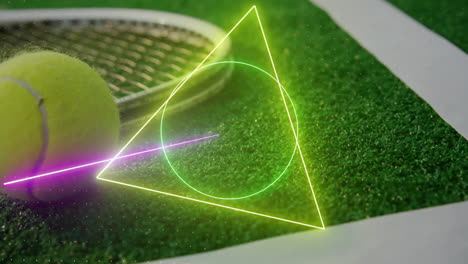 animation of colourful circle, triangle and square scanning tennis ball and racket on grass court