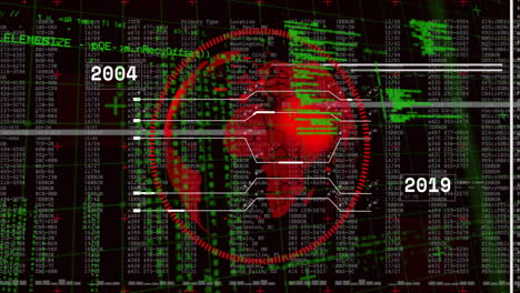 digital data and world map animation with years 2004 and 2019 over binary code