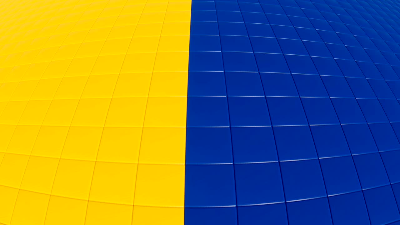 maqueta de arte de píxeles en azulejos azules amarillos suaves. superficie geométrica moderna. ojo de pez distorsionado 4k