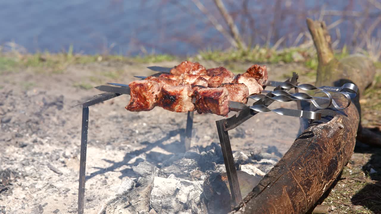 캠프 불 위 에 있는 그릴 된 고기 스피어