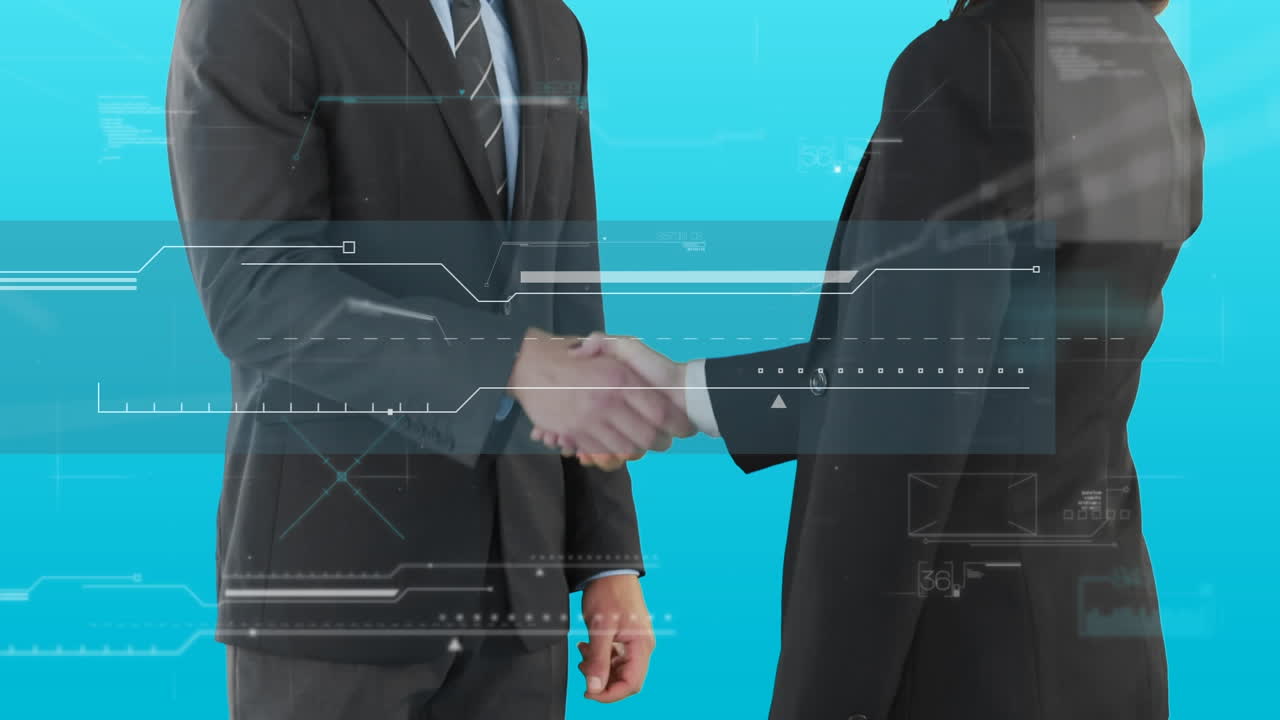 Animation of statistics and data processing over businessman handshake