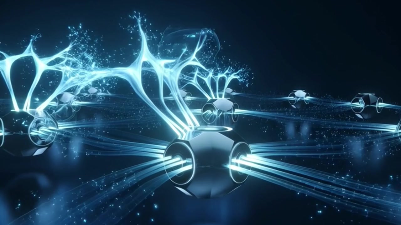 Abstract Digital Network Nodes Connecting and Generating Glowing Data Particles