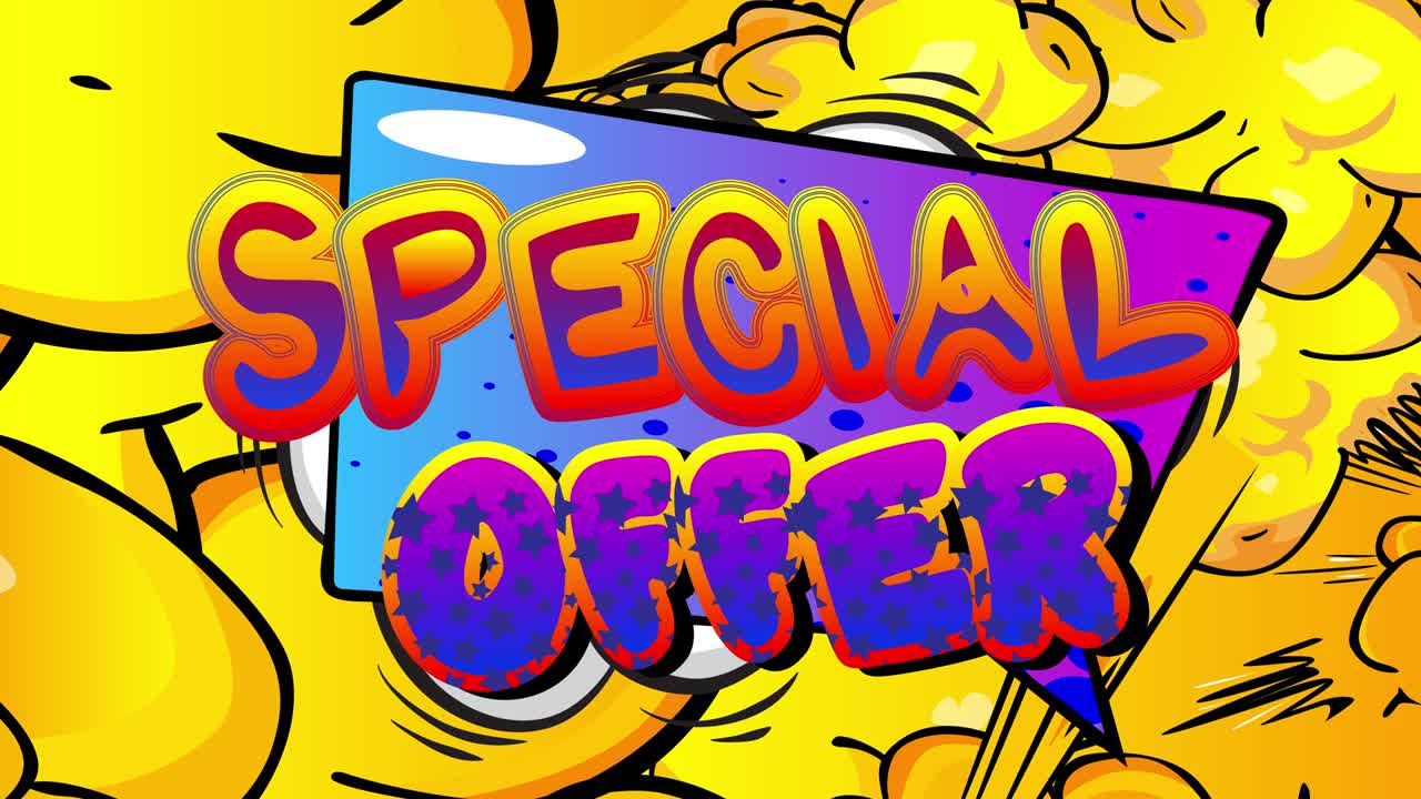 특별 제안 - 만화책 단어. 판매, 쇼핑, 상점 소매 사업 개념.