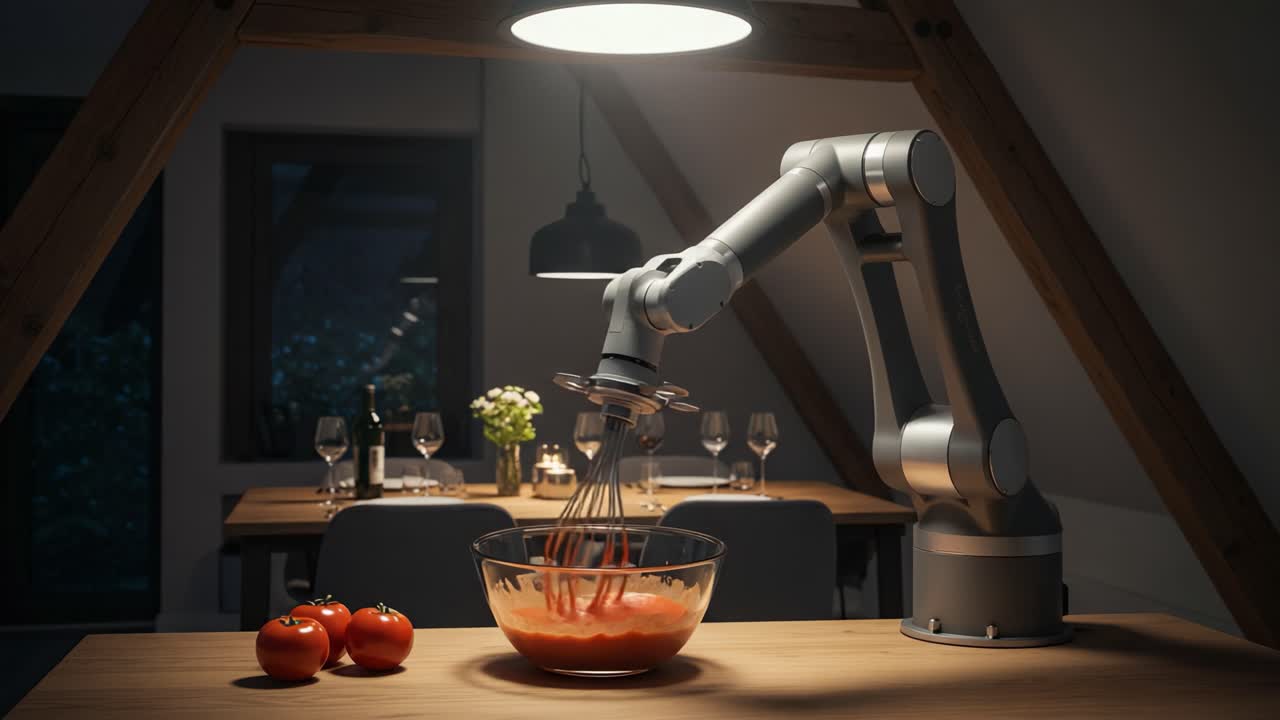 A Robotic Kitchen Assistant Mixing Ingredients: The Future of Cooking with Automation and Precision in a Modern Dining Space