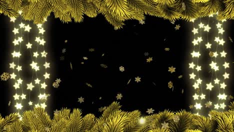 animation of glowing star lights and golden snowflakes falling, with christmas tree border