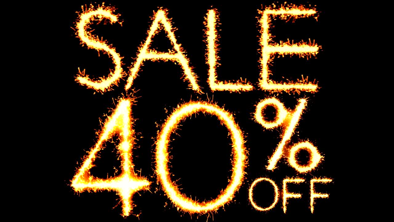 40% de descuento en texto, brillo, chispas y animación de bucle de fuegos artificiales.