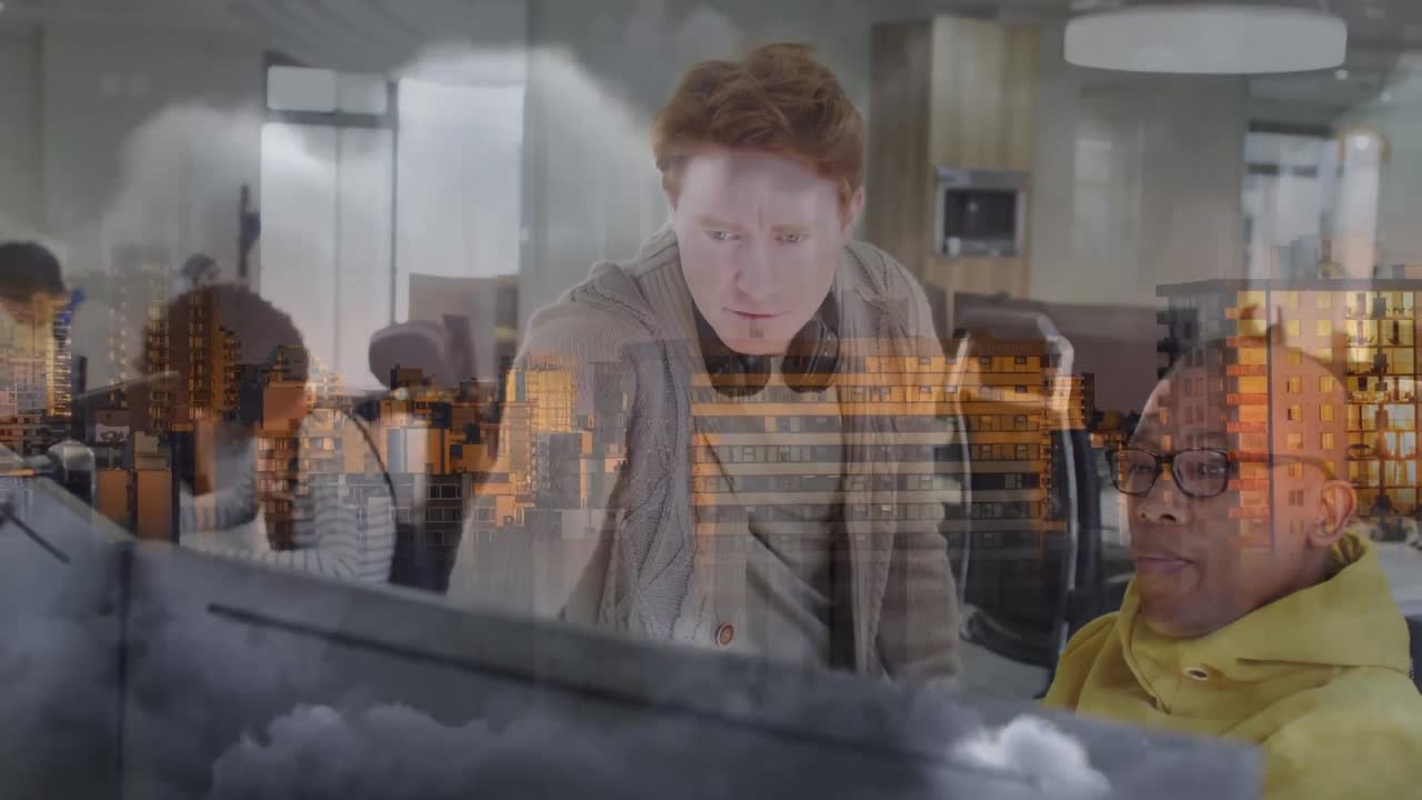 다양한 그룹의 사업가들에 대한 도시 풍경의 애니메이션