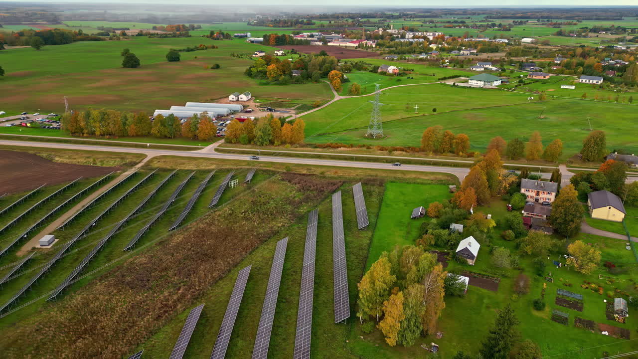 Aerial View of Rural Landscape with Solar Panels