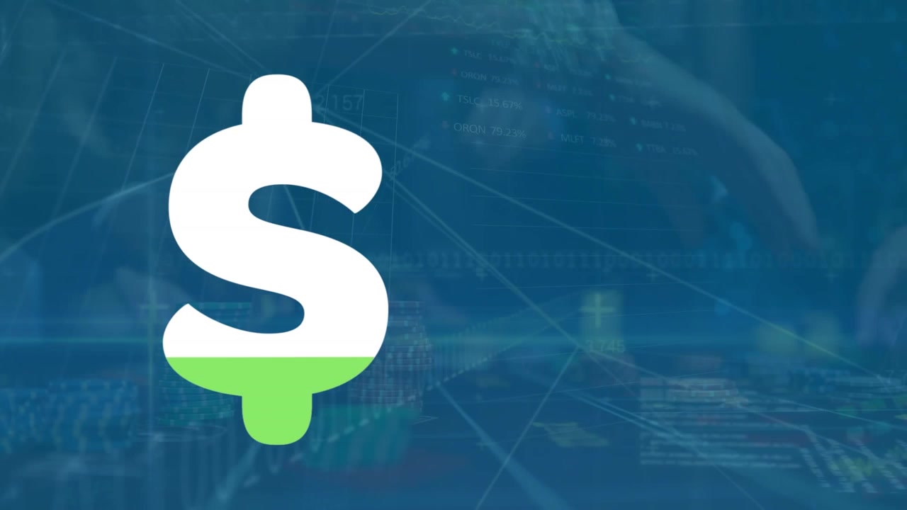 Animazione di un simbolo del dollaro americano che si riempie di verde e dati finanziari in elaborazione.