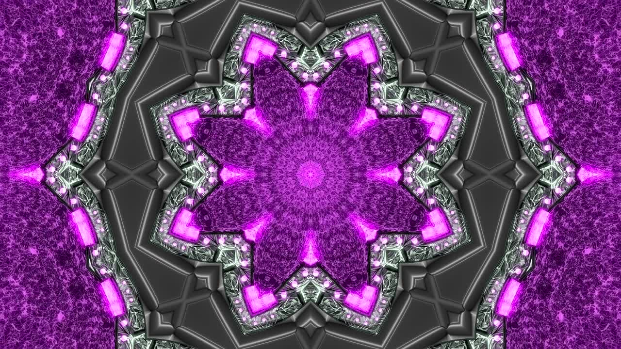 Sfondo decorativo astratto al neon ornato in loop. Caleidoscopio o mandala 3D al neon.