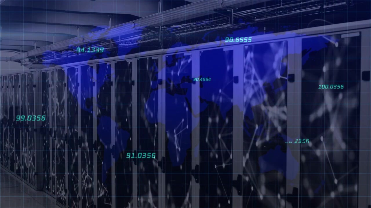 Camera panning right as server racks showing pulsing lines and teal numbers visualizing metrics
