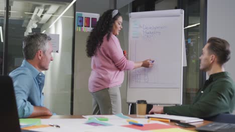 Happy-diverse-business-people-discussing-work-during-meeting-at-office