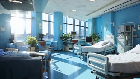 bright hospital room with two empty patient beds and natural light