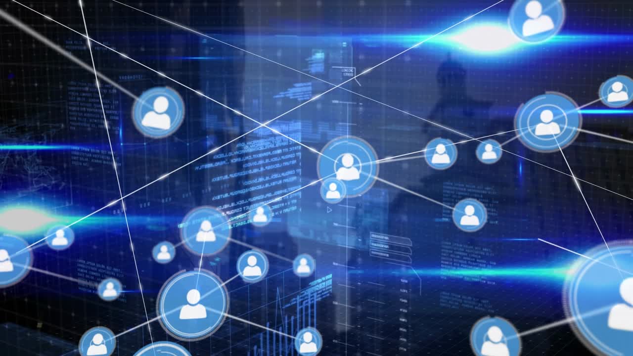 Animation of profile icons connecting dots, financial data, bright blue lights on digital interface