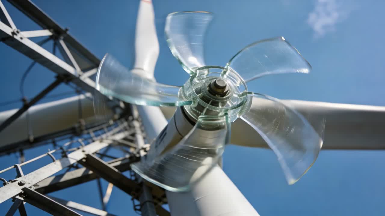 Rotor multipalas transparente girando en el cubo de la turbina con pala barredora y pasarela de celosía.