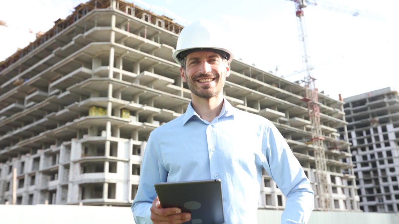 Smiling Engineer in Hard Hat Holding Tablet at Construction Site