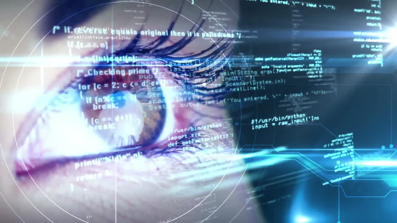 occhi che guardano l&#x27;interfaccia olografica