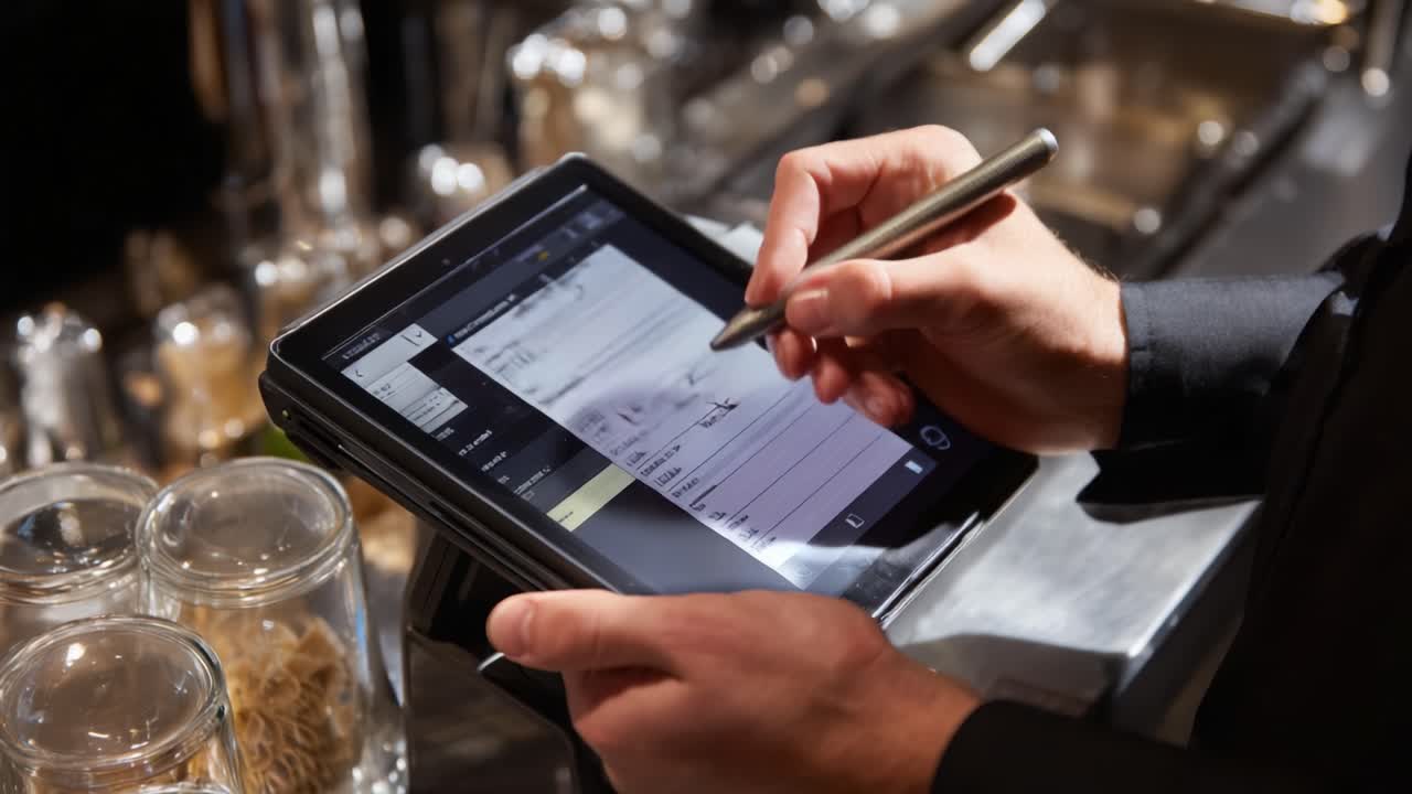A Professional Waiter Utilizing a Tablet for Order Management in a Modern Dining Setting, Showcasing Innovative Technology in Restaurant Operations and Enhancing Customer Service Experience