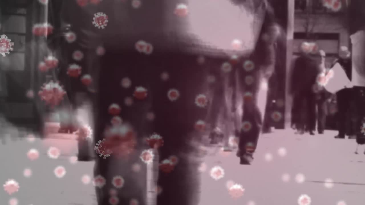 거리에서 는 사람들의 다리에 코로나 바이러스 세포의 애니메이션