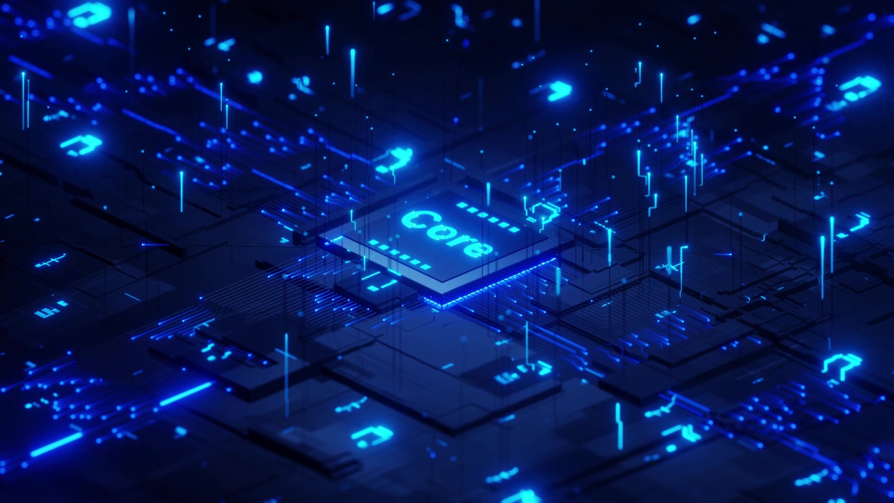 Abstract Glowing Blue Computer Processor Core on Motherboard Circuitry
