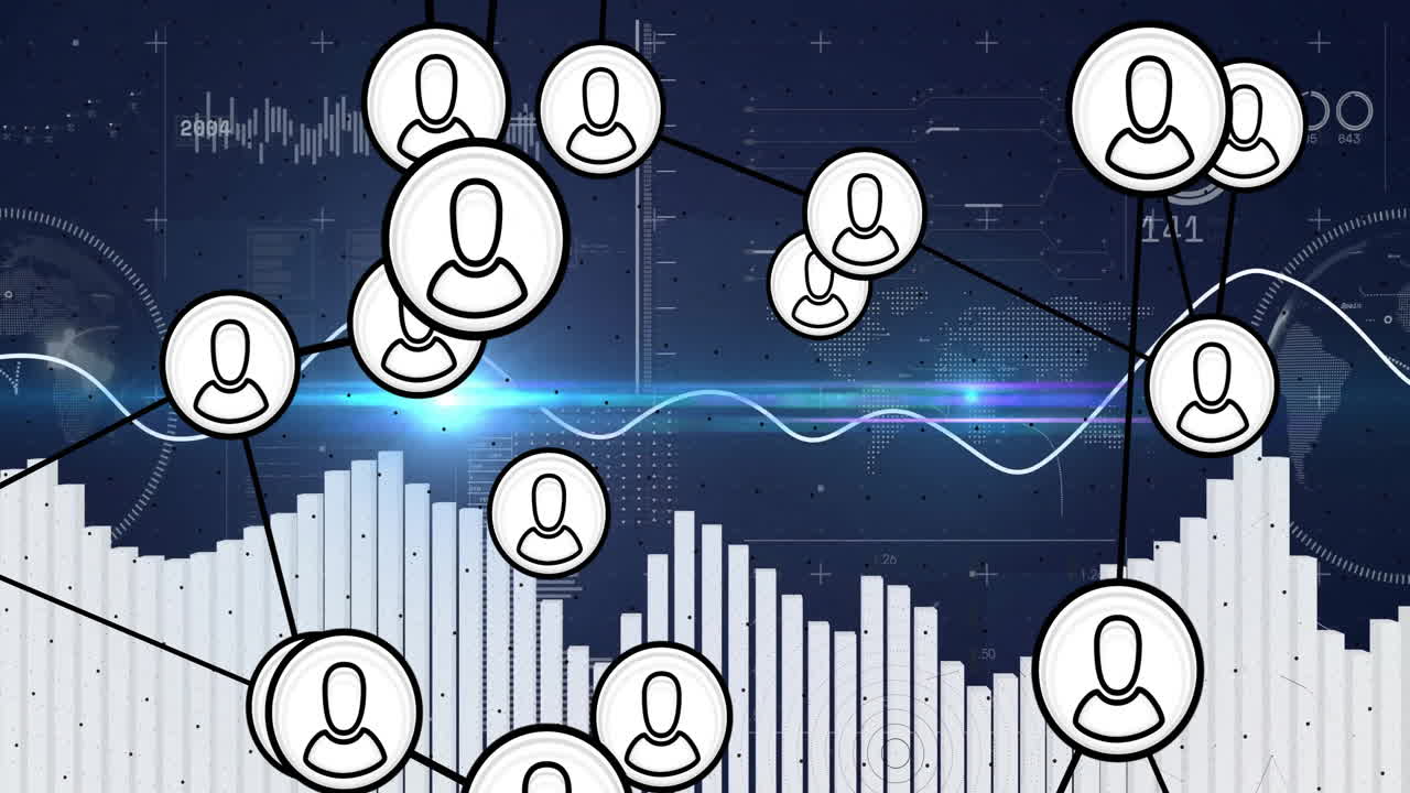 User icons connected by lines, data visualization animation over bar and line graphs
