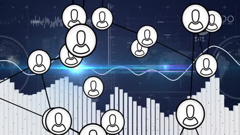 user icons connected by lines, data visualization animation over bar and line graphs