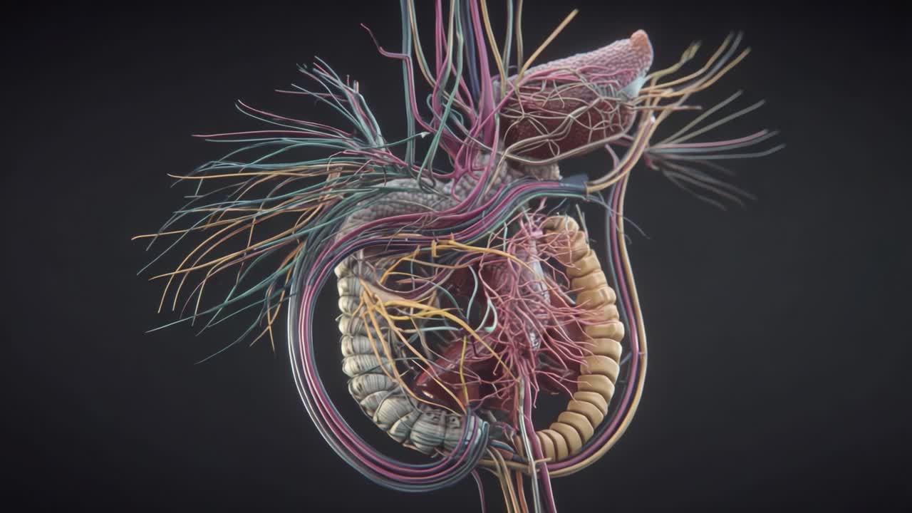 Una visualizzazione dettagliata degli intricati sistemi nervoso e circolatorio, che mette in risalto la rappresentazione artistica dell'anatomia umana con incredibili dettagli 3D e in forma colorata.