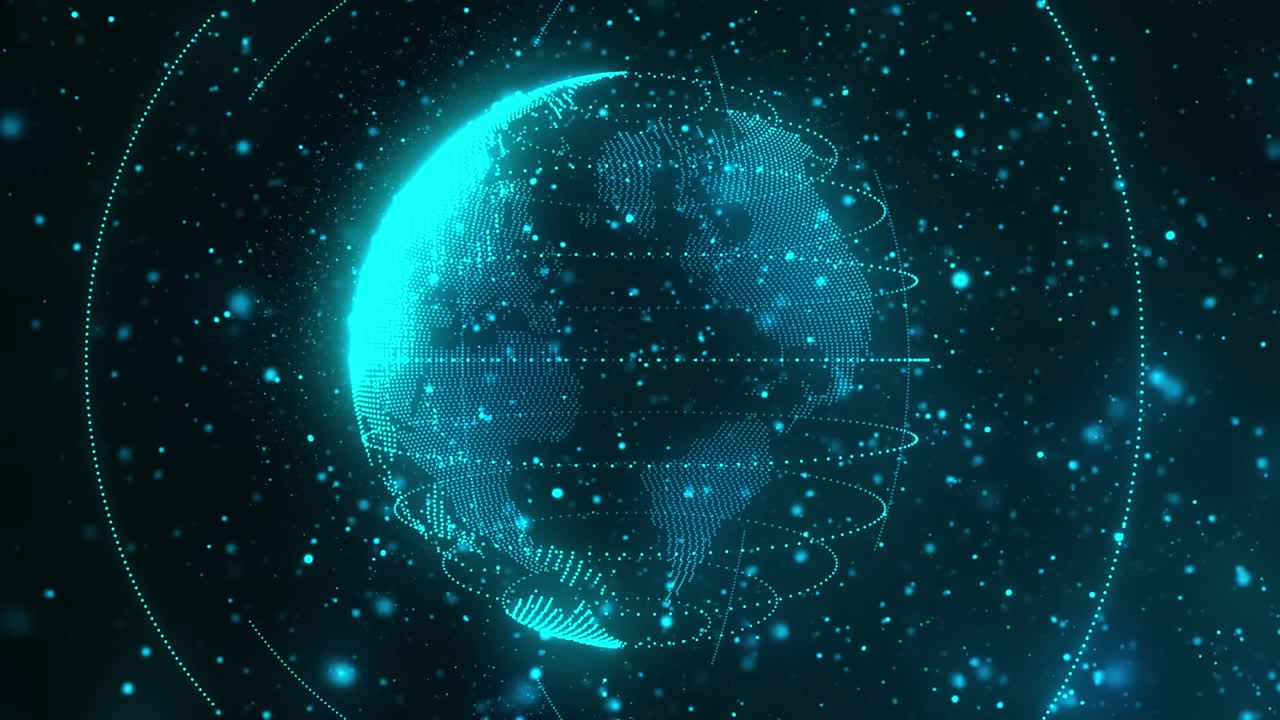 Animation of spinning globe and blue glowing spots against black background