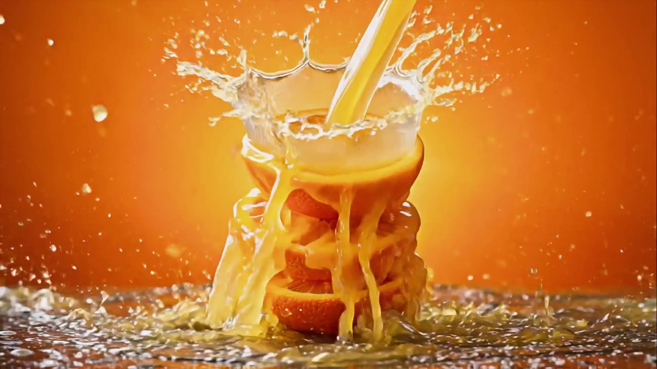 Succo d'arancia rinfrescante che si versa e schizza su fette d'arancia impilate