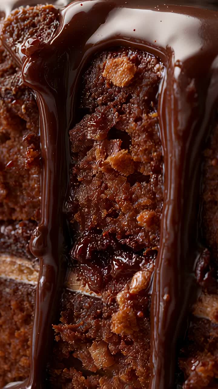 Vertical video: Starting second warm ganache pouring over chocolate cake slice on studio tabletop