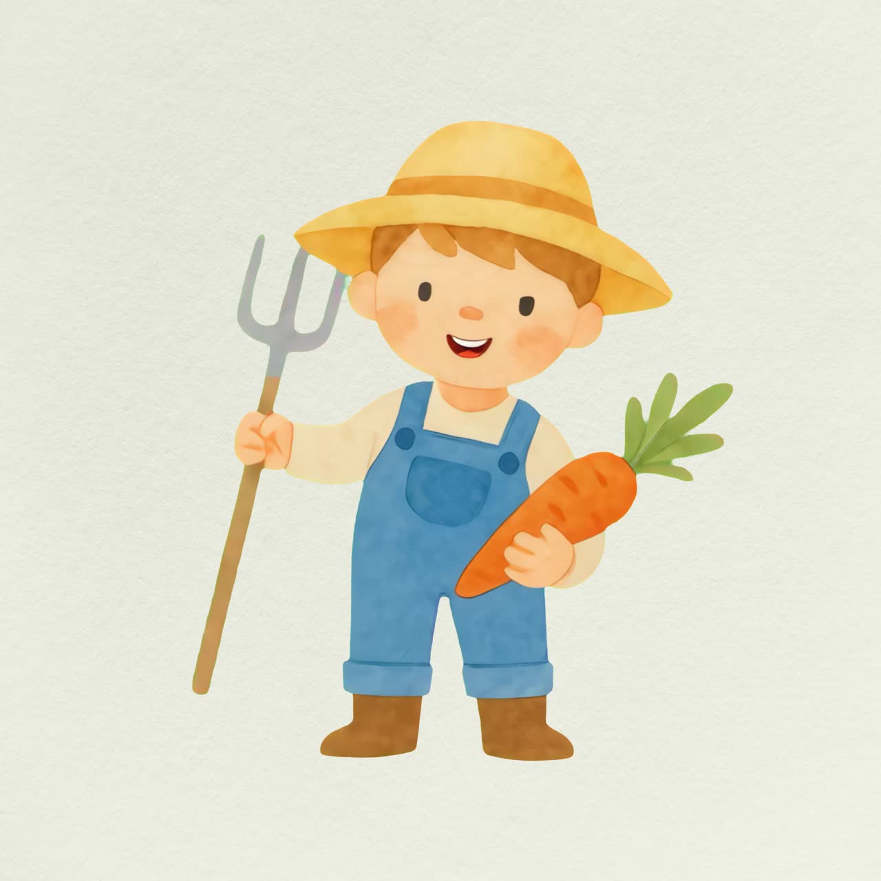 Cute farmer holding carrot animation isolated asset, transparent 4K video, alpha channel, ProRes