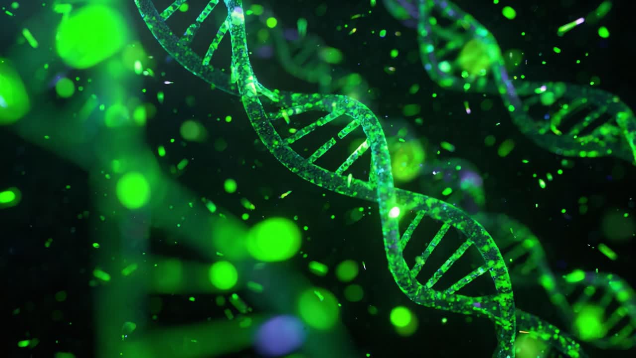 Digital animation of green DNA helix strands rotating in a dark background with floating particles. Medical science, genetics, biotechnology and molecular biology scientific conceptual background