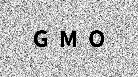 GMO. Word about food problem on noisy old screen. Looping VHS interference. Vintage animated background, video footage