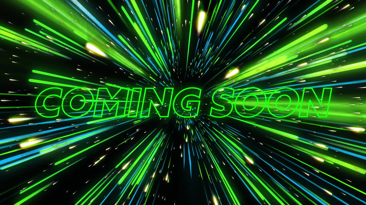 Animation of coming soon text over neon light trails on black background