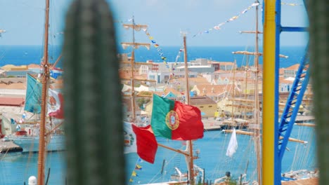 ships docked at port with flags from mexico peru and portugal flying in the breeze on a clear day with cactus defocused in the foreground