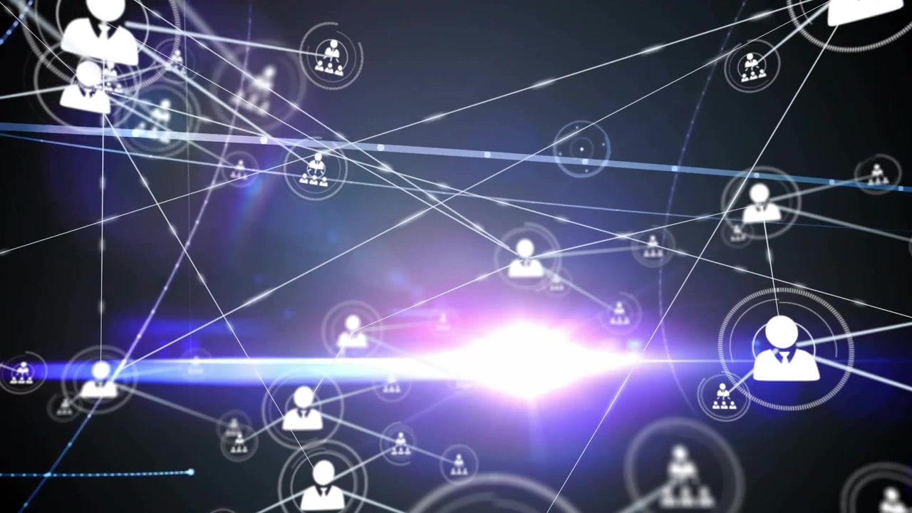 Thin white line hitting central user icon expanding nodes tracing lines visualizing network growth