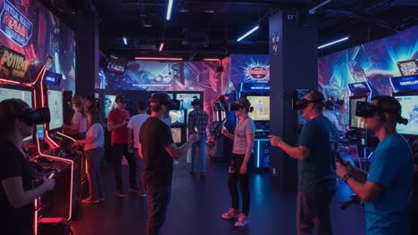 Immersive Virtual Reality Gaming Experience: Enthusiasts Engage in Cutting-Edge Arcade Environment with Interactive Gaming Stations in a Dynamic Atmosphere