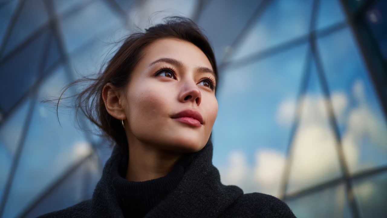 A contemplative female figure gazes upward with a serene expression, framed against a modern architectural background, symbolizing introspection and the connection between nature and urbanity